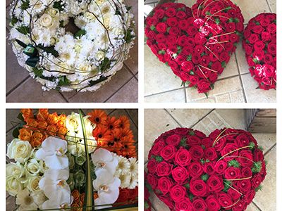 Couronne à plat, cœur de roses rouges et coussin carré